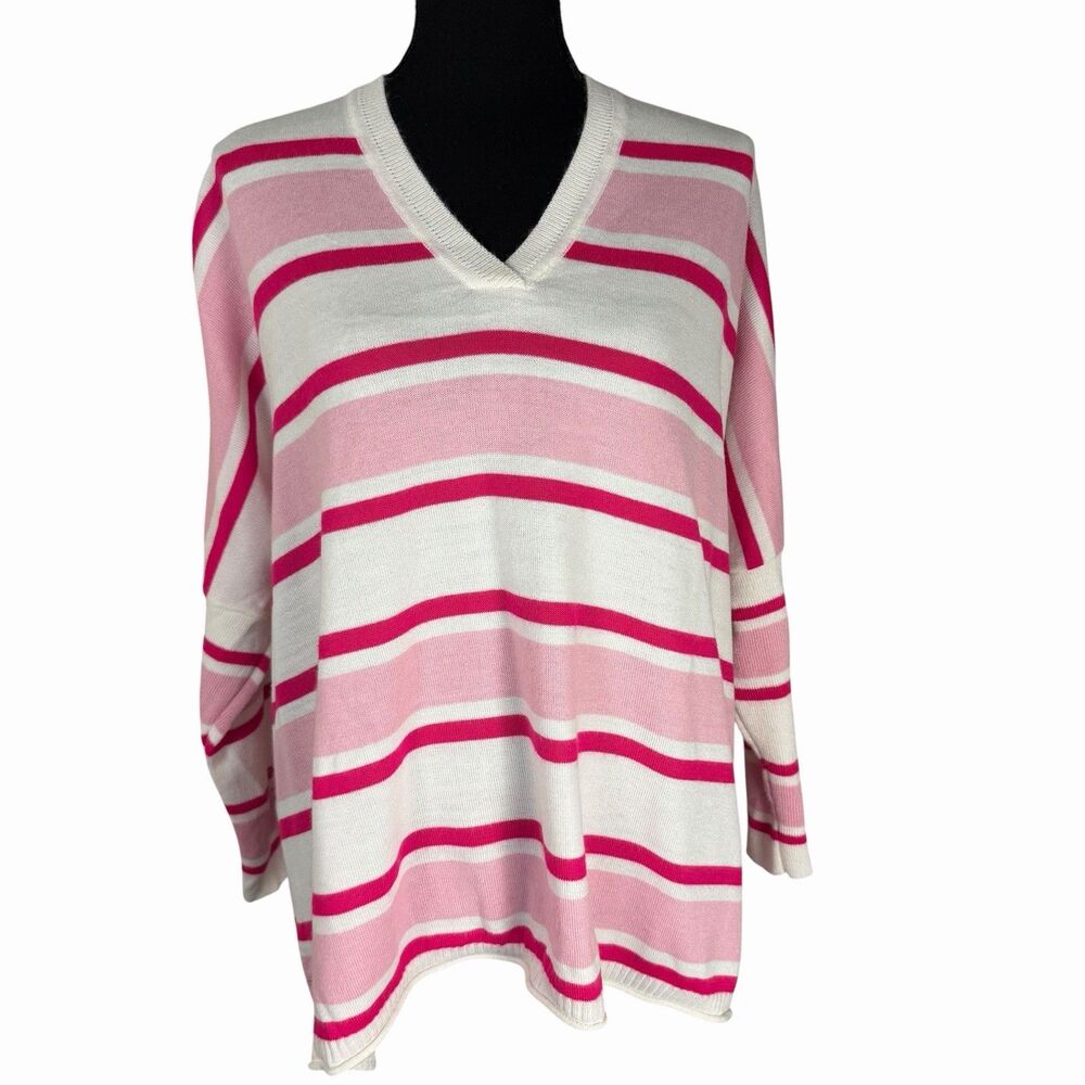 MERSEA Catalina Pink Striped V-Neck Knit Sweater Lightweight Relaxed One Size